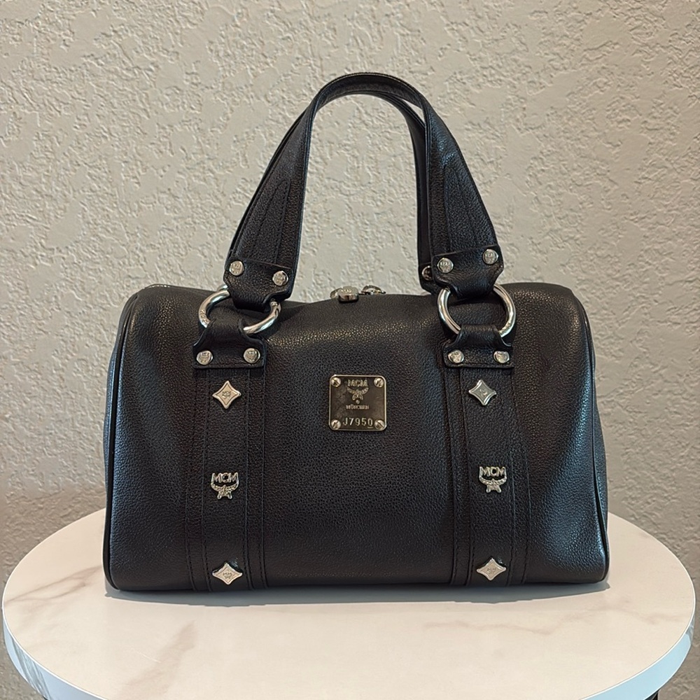 MCM Black Boston Leather Silver Studded Handbag made in Korea